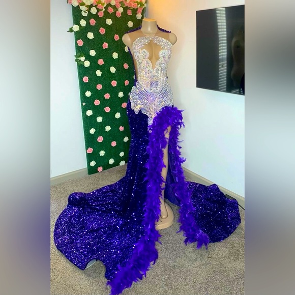 Mermaid Sweetheart Purple Sequins Long Ball Dress with Feather